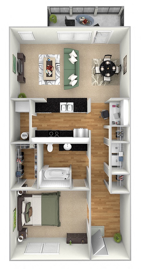 Floor plan for 1 bed, 1 bath, 882 sqft